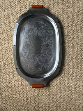 Engraved Metal Serving Tray with Orange Handles